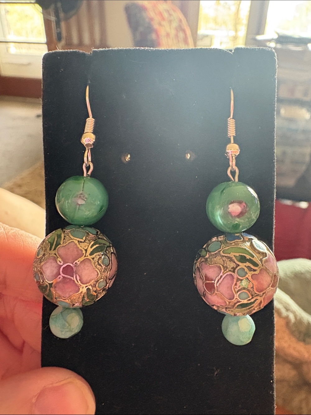Hand Crafted Green and Pink Floral Cloisonné Drop Earrings